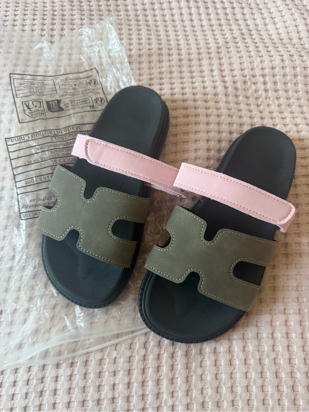 Kids Two-Stripe Slide Sandals in Olive and Pink